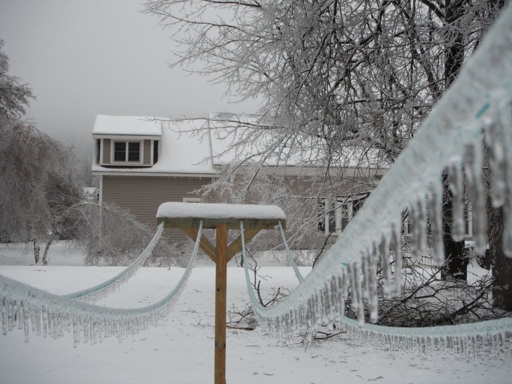 A serene winter scene with ice-covered trees and a snow-coated house in Morristown, VT.