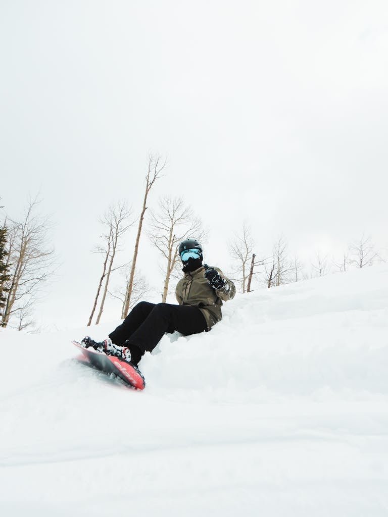 A snowboarder swiftly descends a snow-covered slope amidst leafless trees in Park City, Utah.