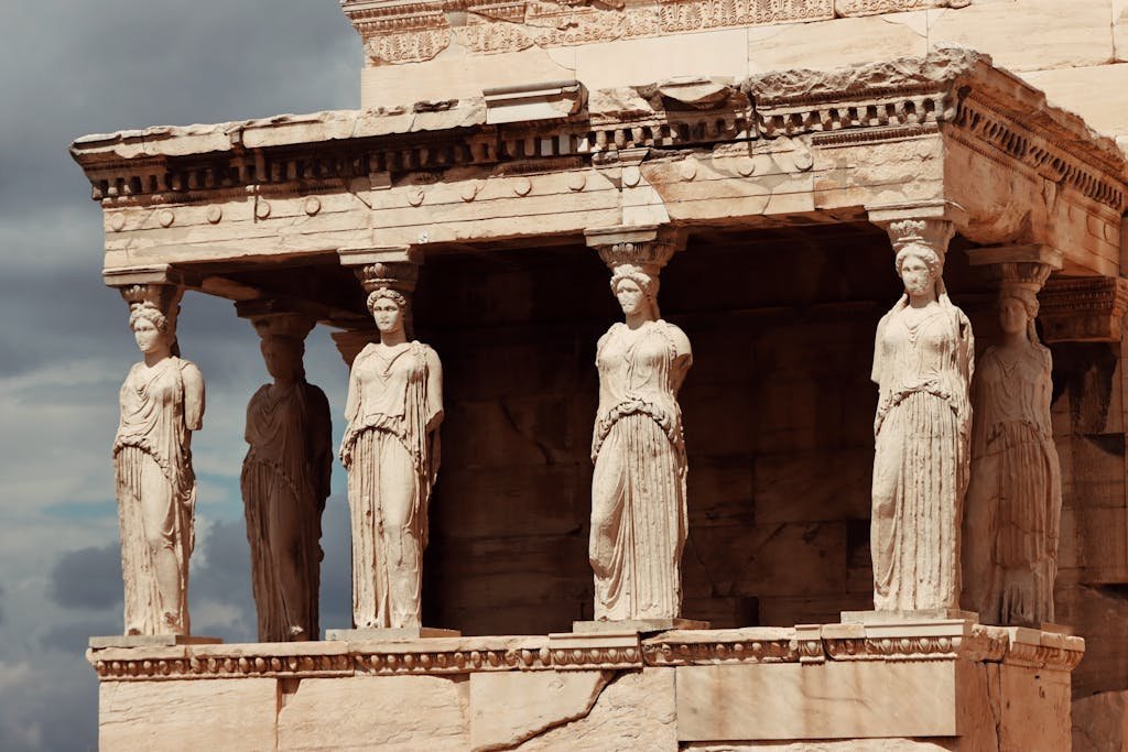 Detailed view of the Caryatids on the Erechtheion, a famous landmark on the Acropolis, Athens, Greece.