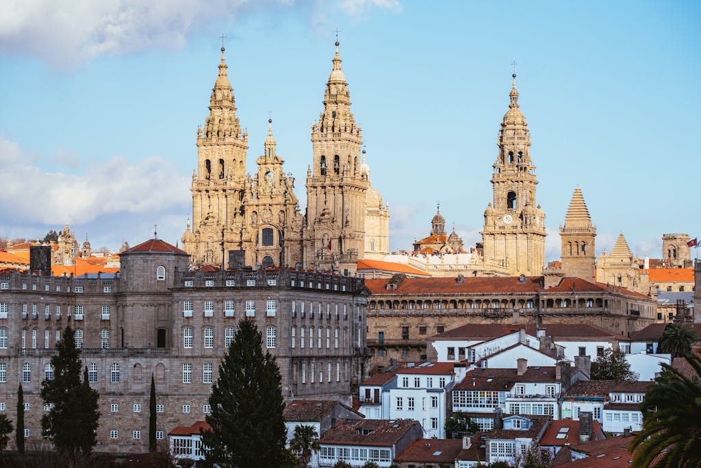 Scenic view of Santiago de Compostela Cathedral, a historic and religious landmark in Spain.