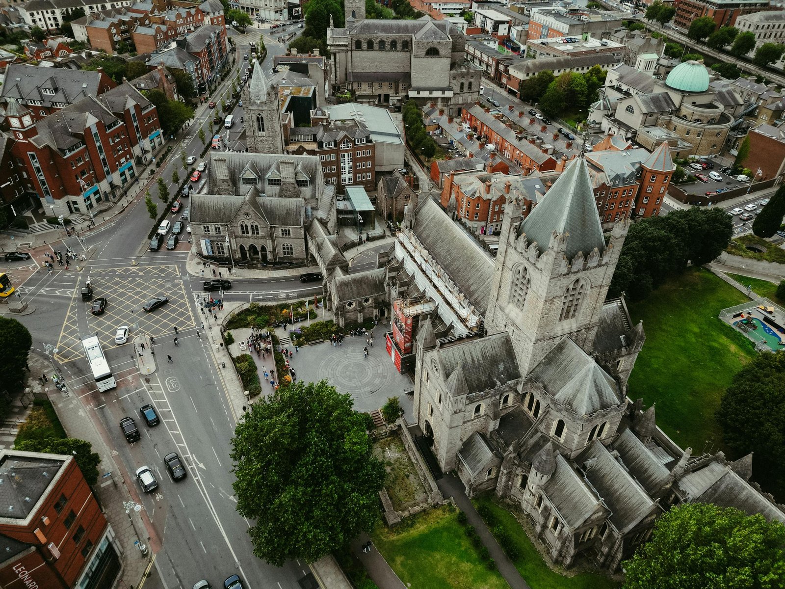 Stunning aerial shot of Dublin's Christ Church Cathedral, highlighting medieval architecture and cityscape.