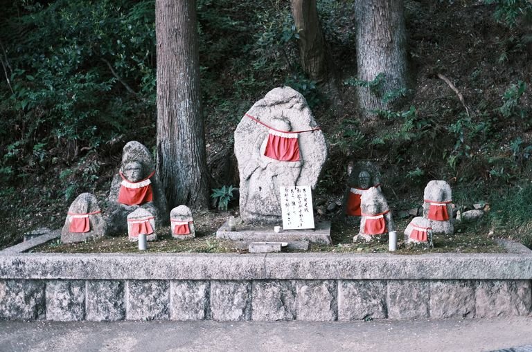 Seven Jizo statues dressed in red bibs in a tranquil forest setting.