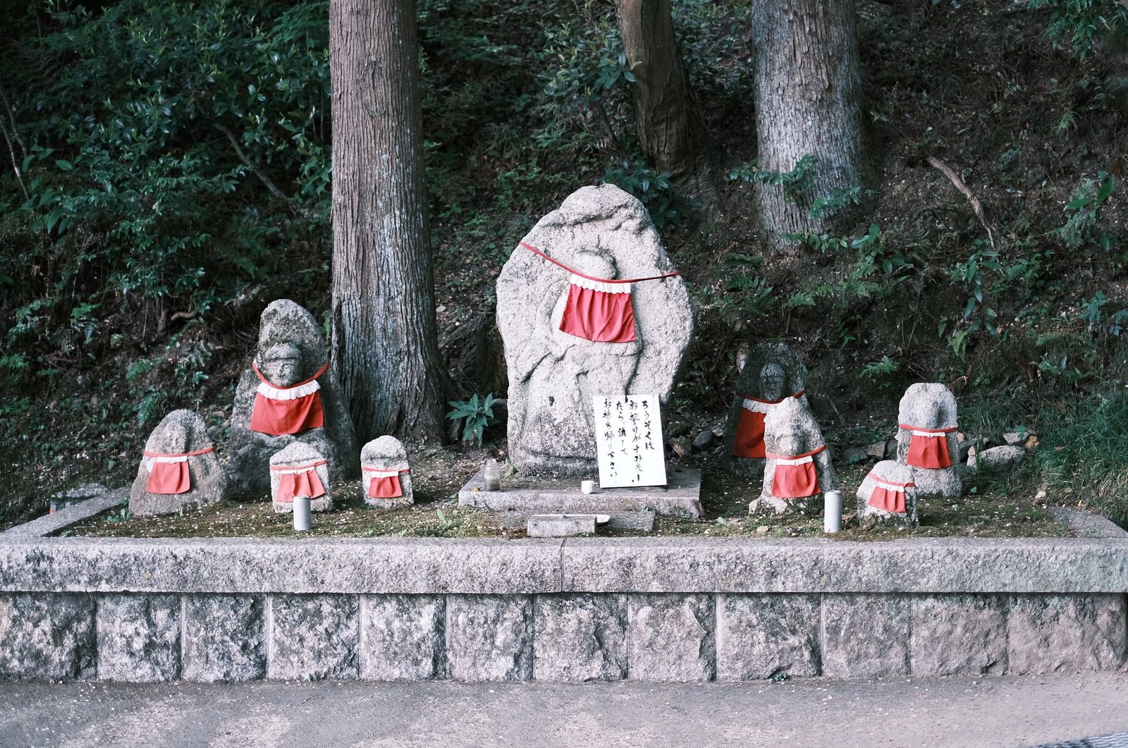 Seven Jizo statues dressed in red bibs in a tranquil forest setting.
