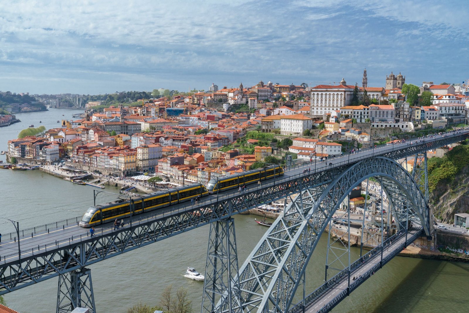 Stunning aerial shot of the iconic Luís I Bridge spanning the Douro River in Porto, Portugal.